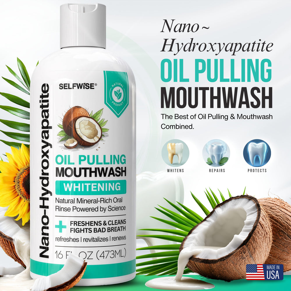 SELFWISE mouthwash pour spout demonstrates smooth, non-greasy swish for 2–5 minutes.