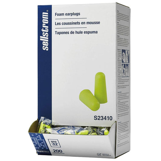 Sellstrom hi-vis-green box of disposable ear plugs for quick, hygienic noise protection.