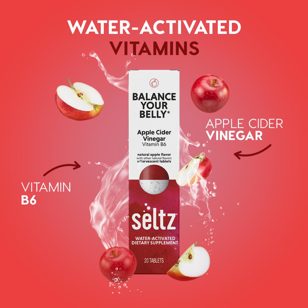 Seltz Balance apple-flavored effervescent drink ready in a glass for daily vitality