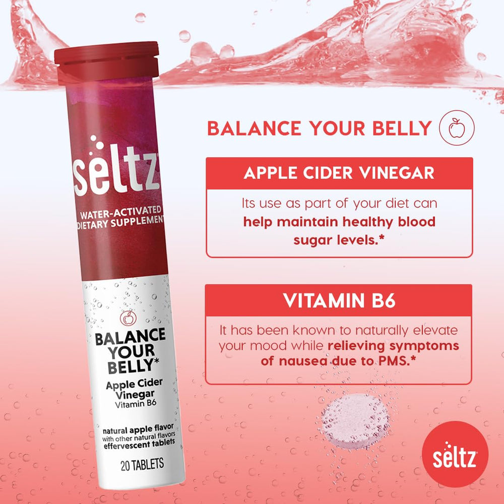 Seltz Balance ready-to-use effervescent tablet dissolving beside a glass of water