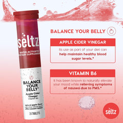 Seltz Balance ready-to-use effervescent tablet dissolving beside a glass of water