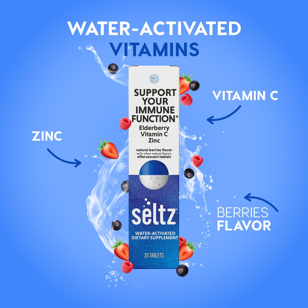 Seltz berry-flavored effervescent tablet dissolving in water.