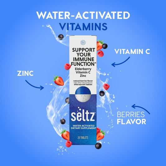 Seltz berry-flavored effervescent tablet dissolving in water.