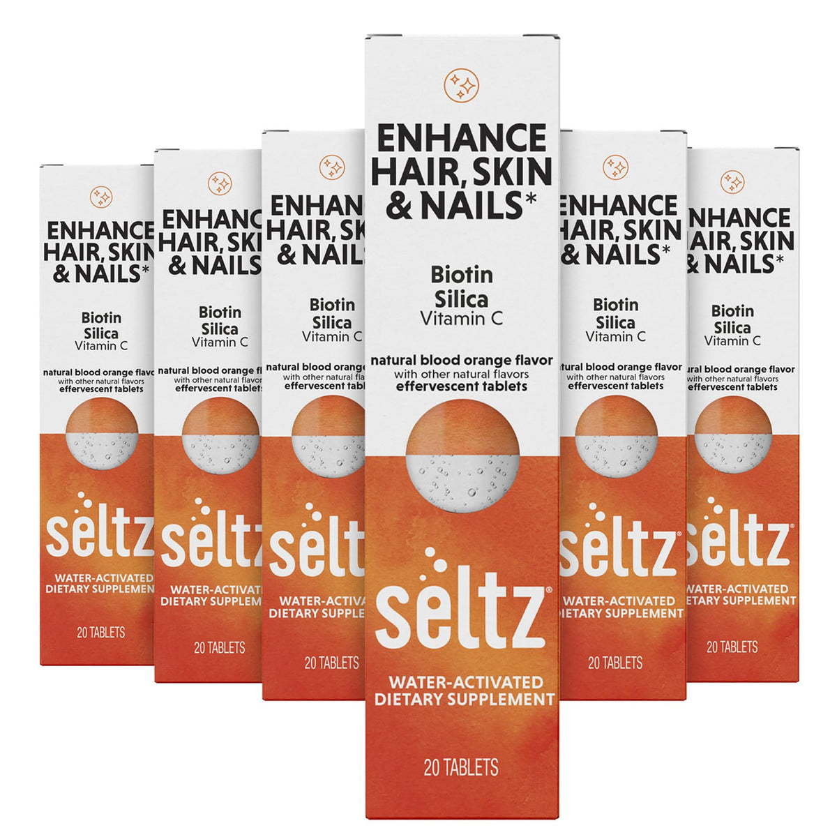 Seltz Enhance bottle with blood orange flavor highlighting beauty-focused effervescent tablets for hair, skin, and nails