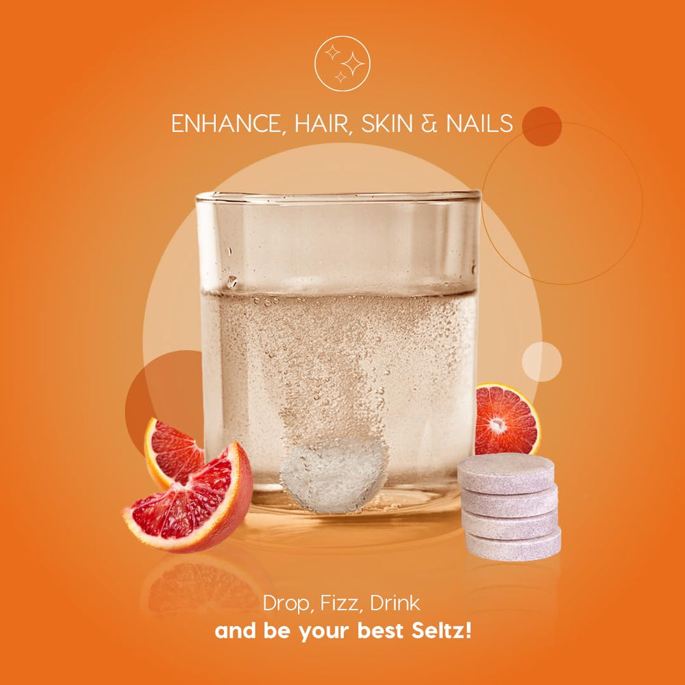 Seltz Enhance tablet close-up featuring biotin for hair and nail care