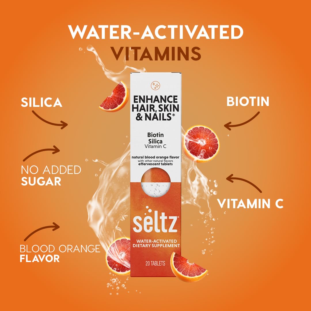 Seltz Enhance tablet dissolving in water, releasing a bright blood orange flavor