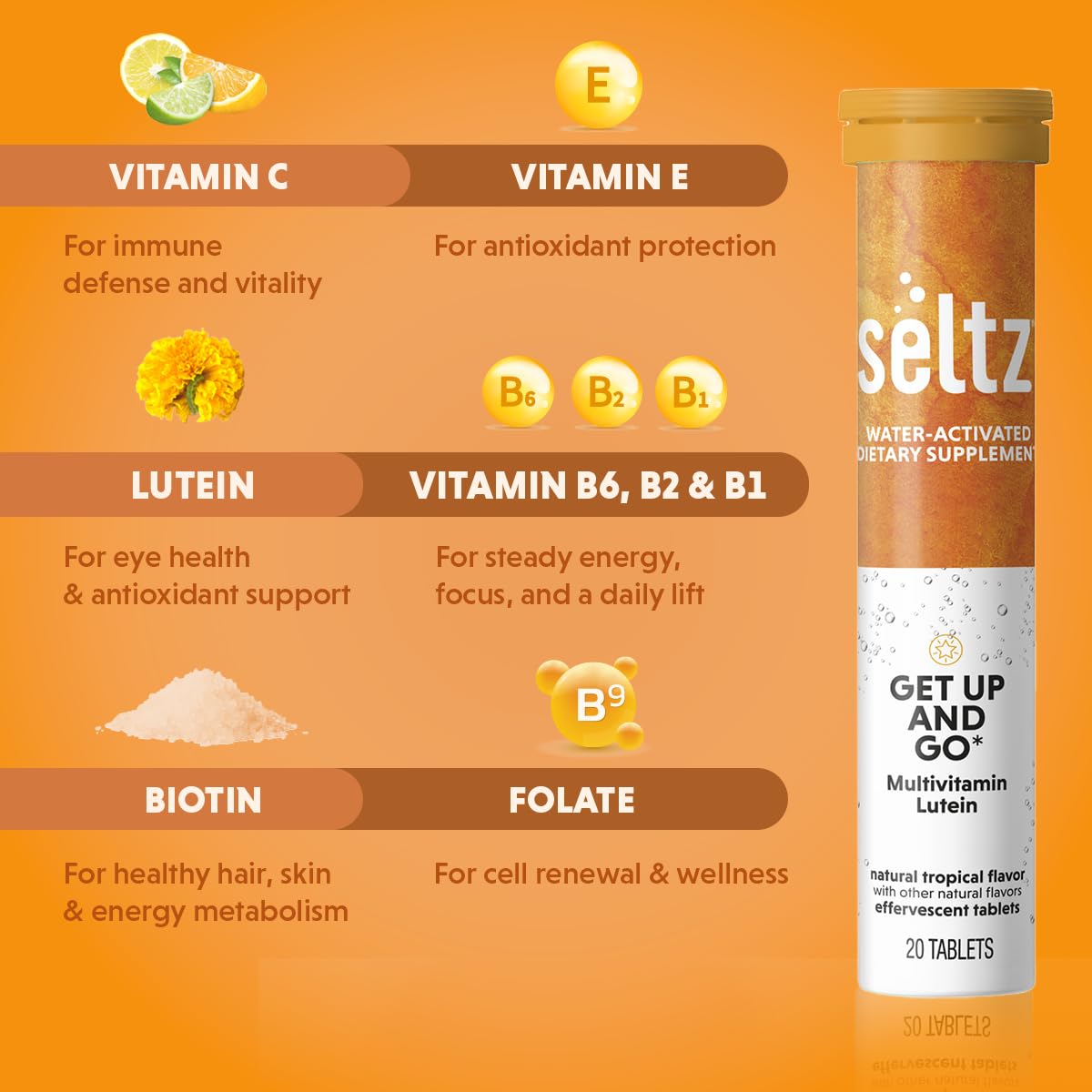 Seltz Get Up and Go dissolved drink in a glass with sparkling tropical flavor