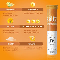 Seltz Get Up and Go dissolved drink in a glass with sparkling tropical flavor