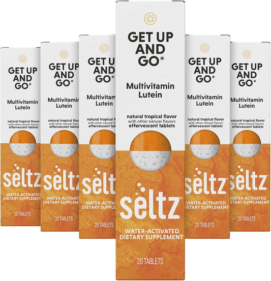 Seltz Get Up and Go tropical packaging showing a six-pack for daily energy