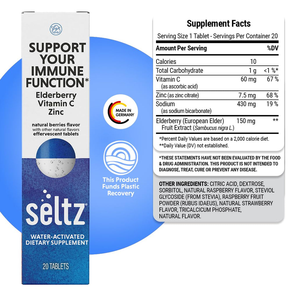 Ingredients panel shows elderberry, vitamin C, and zinc in Seltz.