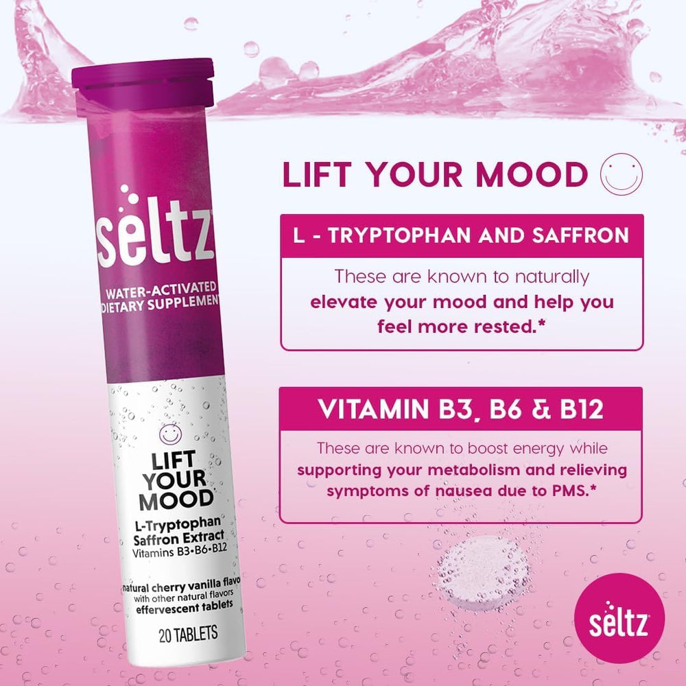 Seltz Lift Your Mood dynamic fizz captured mid-dissolution for vivid effect.