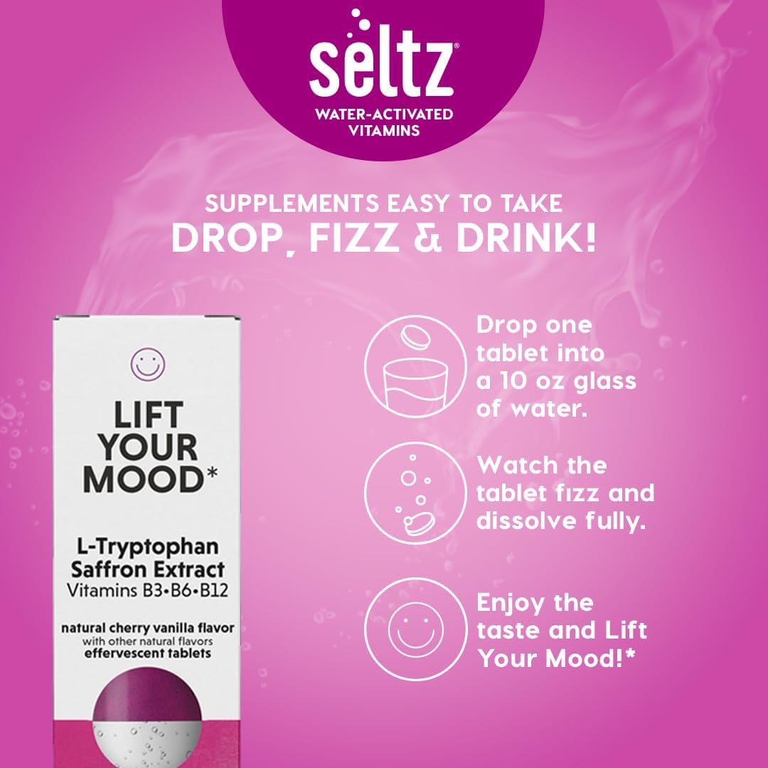 Seltz Lift Your Mood cherry vanilla flavor label highlights no sugar added.