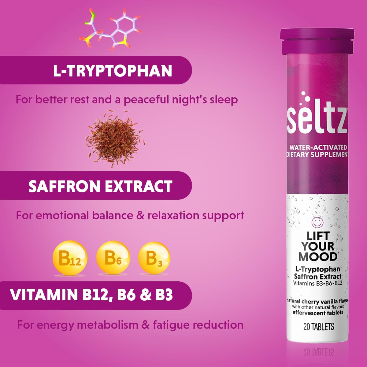 Seltz Lift Your Mood dissolving tablet in water demonstrates quick fizz and hydration.