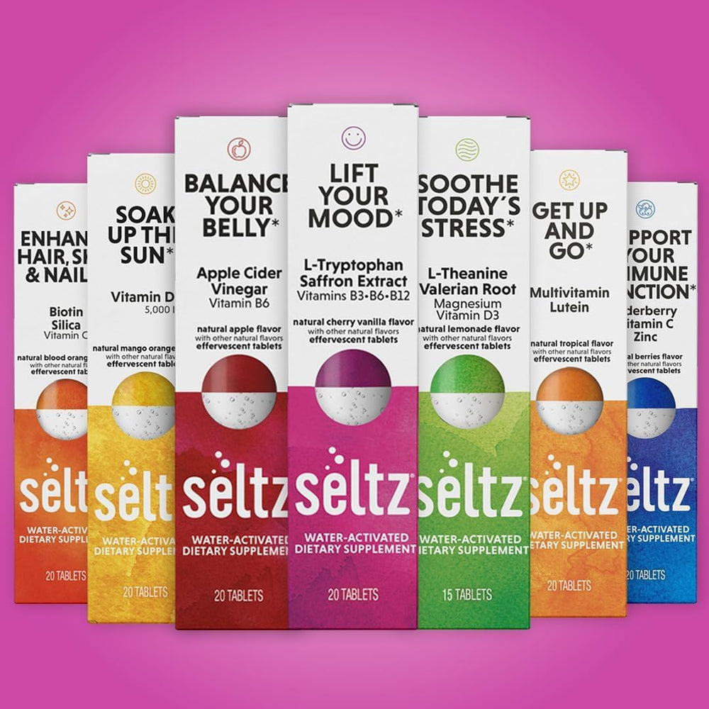 Seltz Lift Your Mood bottle on shelf communicates on-the-go convenience.