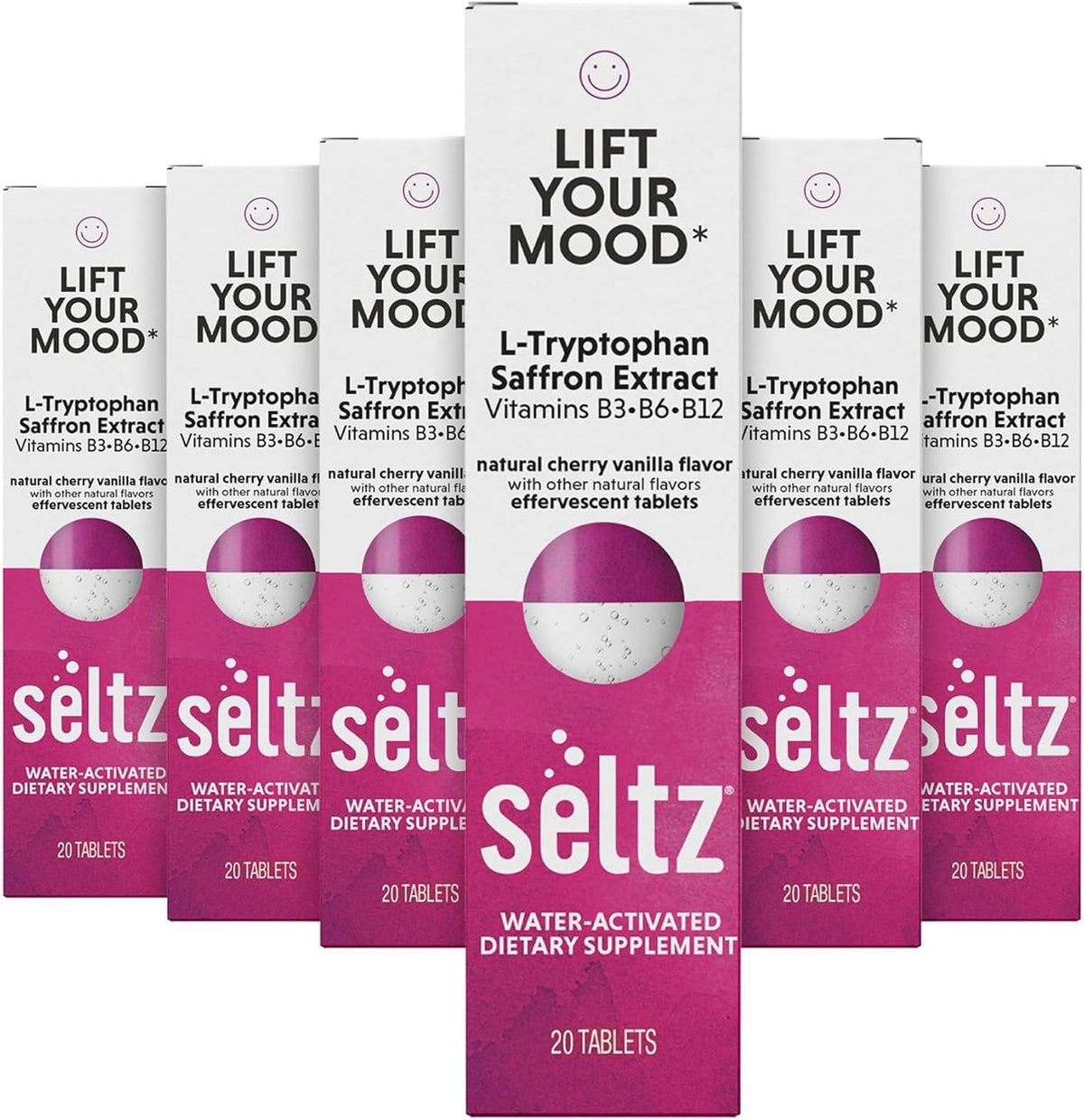 Seltz Lift Your Mood packaging box with six packs boosts convenience.