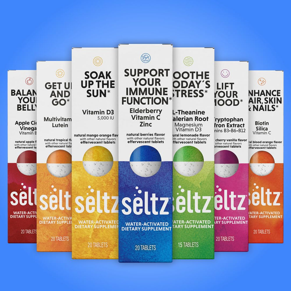 Boxed Seltz six-pack display for easy shopping.