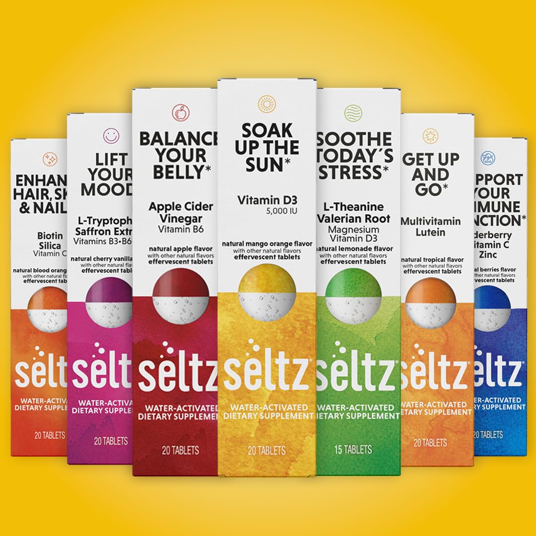 Seltz Soak Up The Sun 20 tablets neatly arranged.