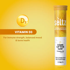 Seltz Soak Up The Sun mango orange flavor close-up in a glass.