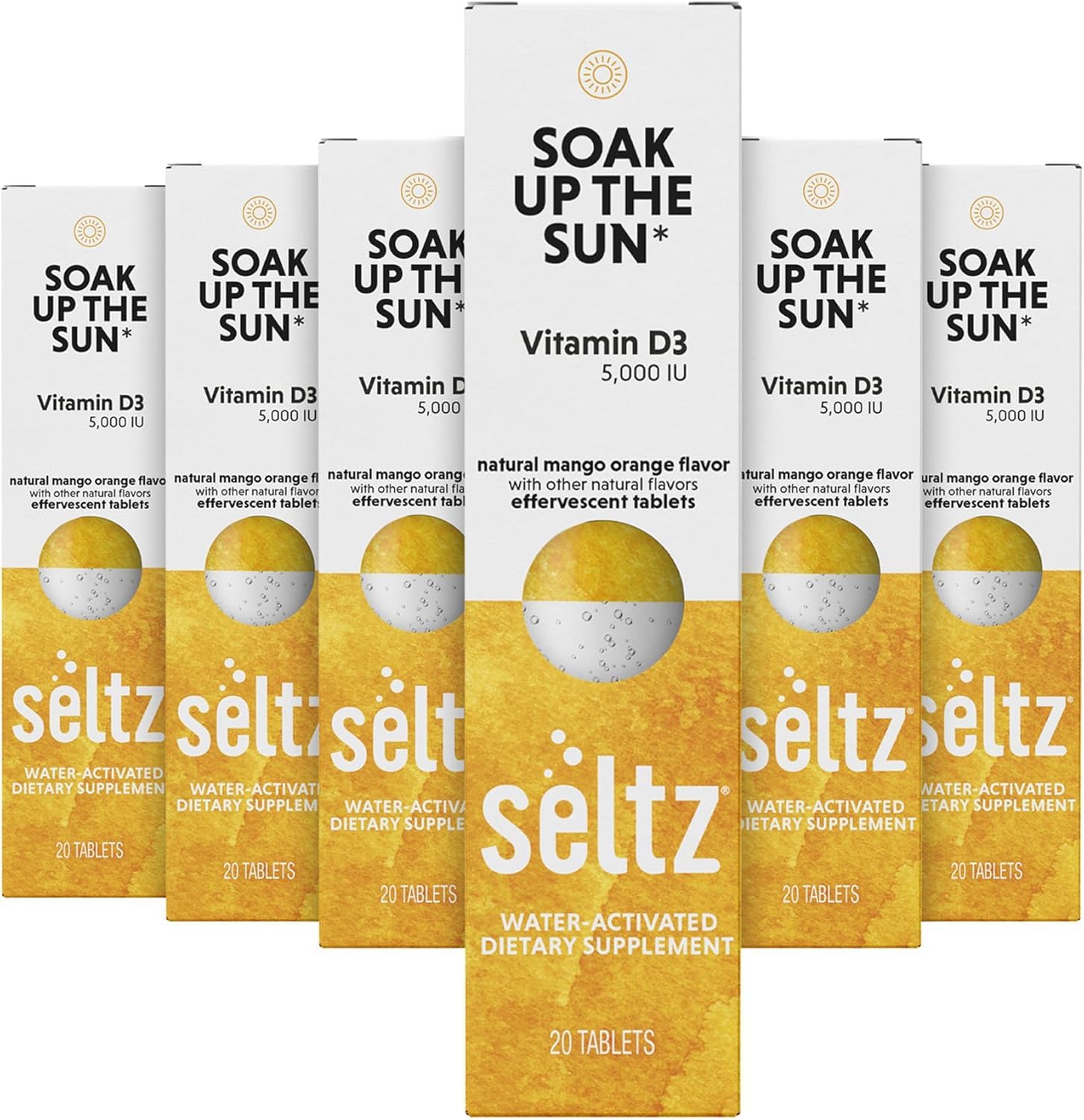 Seltz Soak Up The Sun tablet dissolving in water for a bright, convenient vitamin sip.