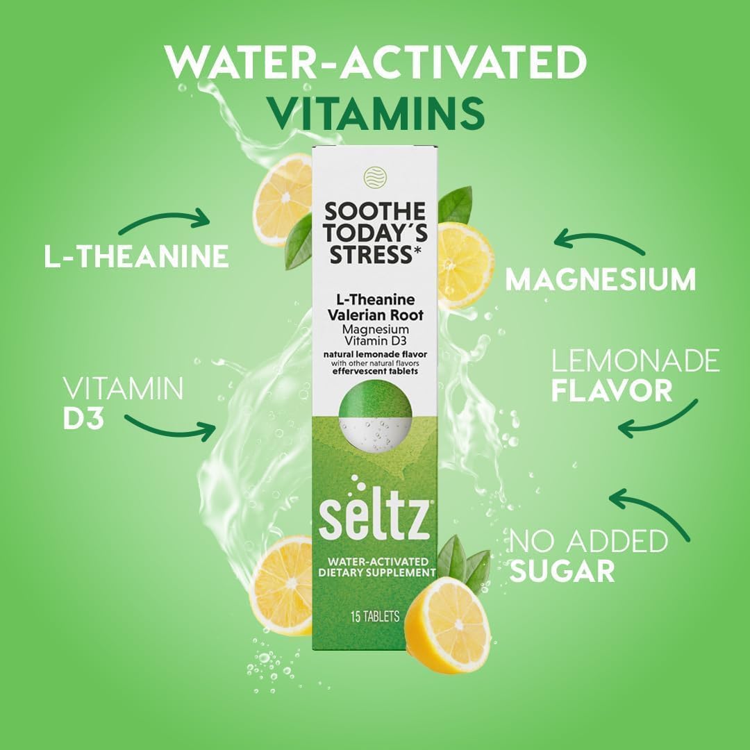 Effervescent Seltz tablet fizzing in a glass of water with lemon scent