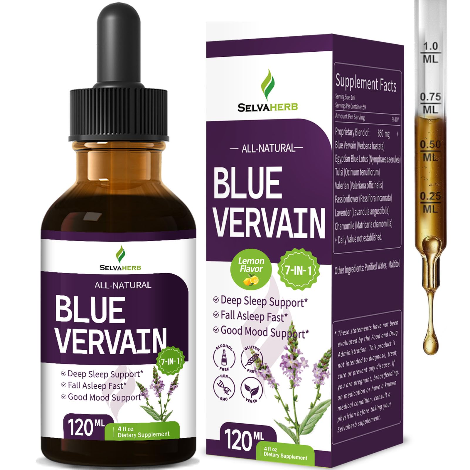 Selvaherb Blue Vervain Drops lemon bottle on a nightstand for calm evenings.