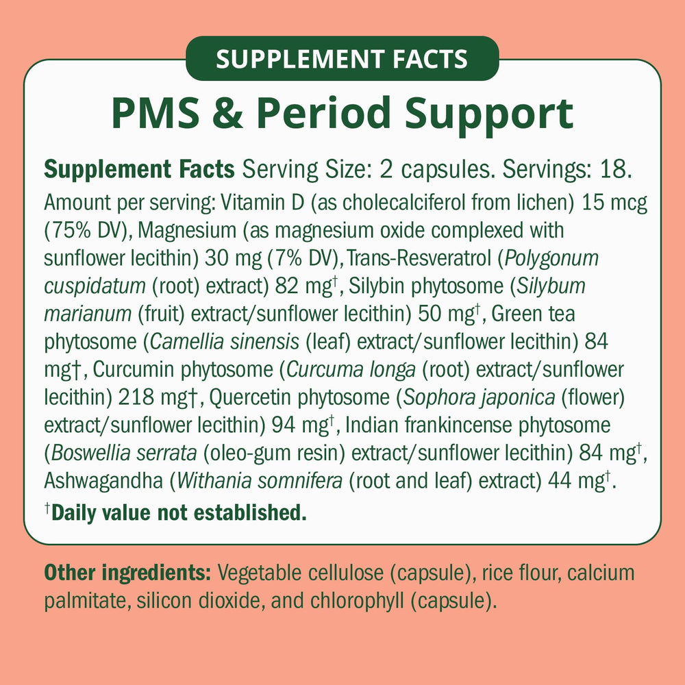 Semaine PMS Relief capsules close-up, vegan non-hormonal formula.