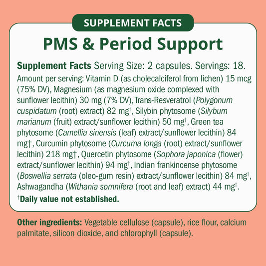Semaine PMS Relief capsules close-up, vegan non-hormonal formula.