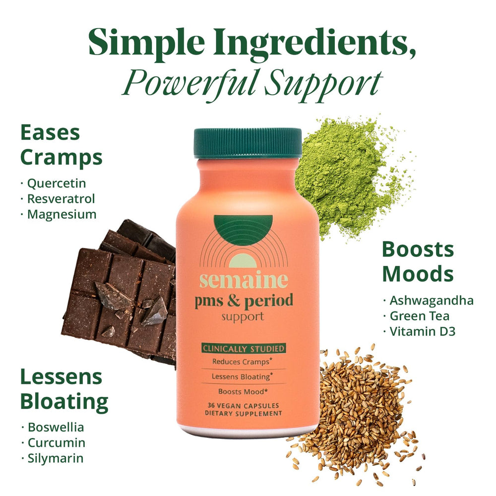 Semaine PMS Relief packaging highlighting plant-based ingredients for cycle ease.