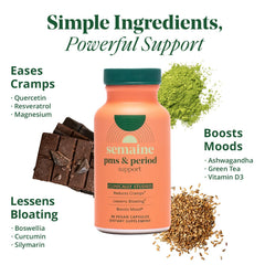 Semaine PMS Relief packaging highlighting plant-based ingredients for cycle ease.