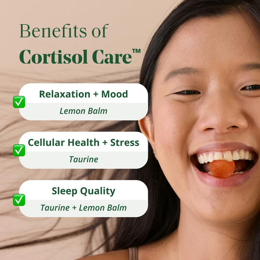 Semaine Stress Less Gummy bottle label showing Cortisol Care blend for calm moments