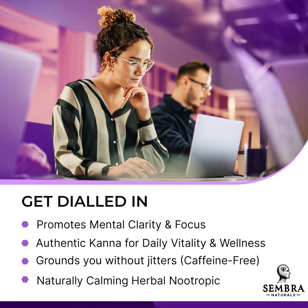 SEMBRA NATURALS KannaFocus capsules closeup: convenient daily capsules for mood balance.