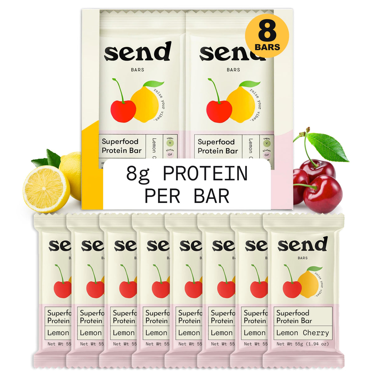 Send Bars Lemon Cherry ingredients closeup showing real fruits and nuts for clean nutrition