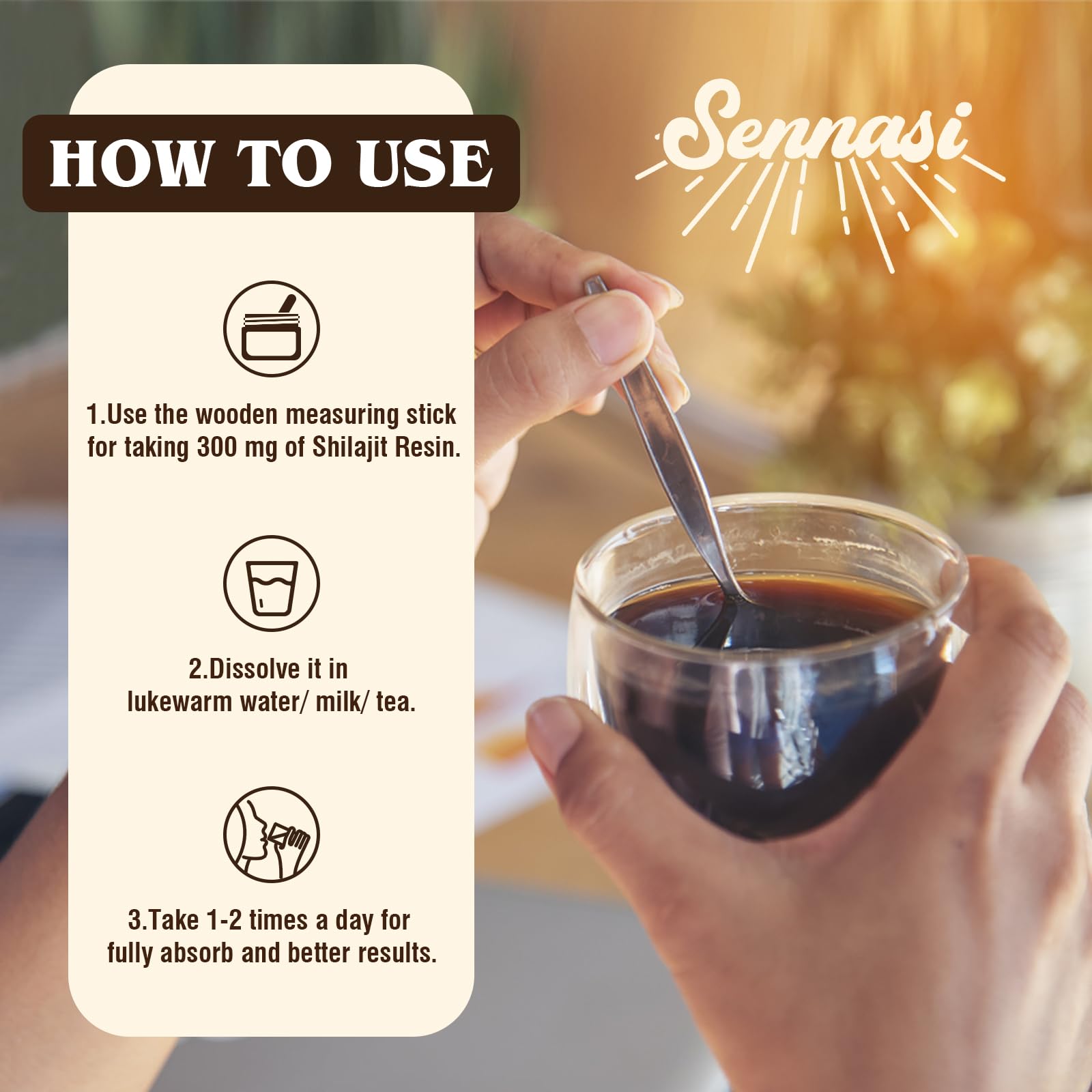 Sennasi 30g resin in double-sealed light-protected glass bottle.