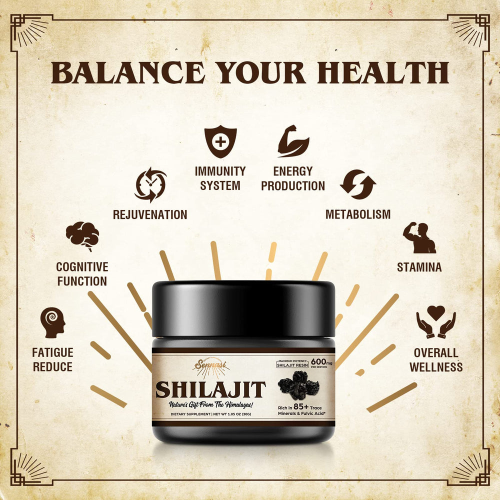 Sennasi Shilajit resin rich in 85+ minerals and fulvic acid profile.
