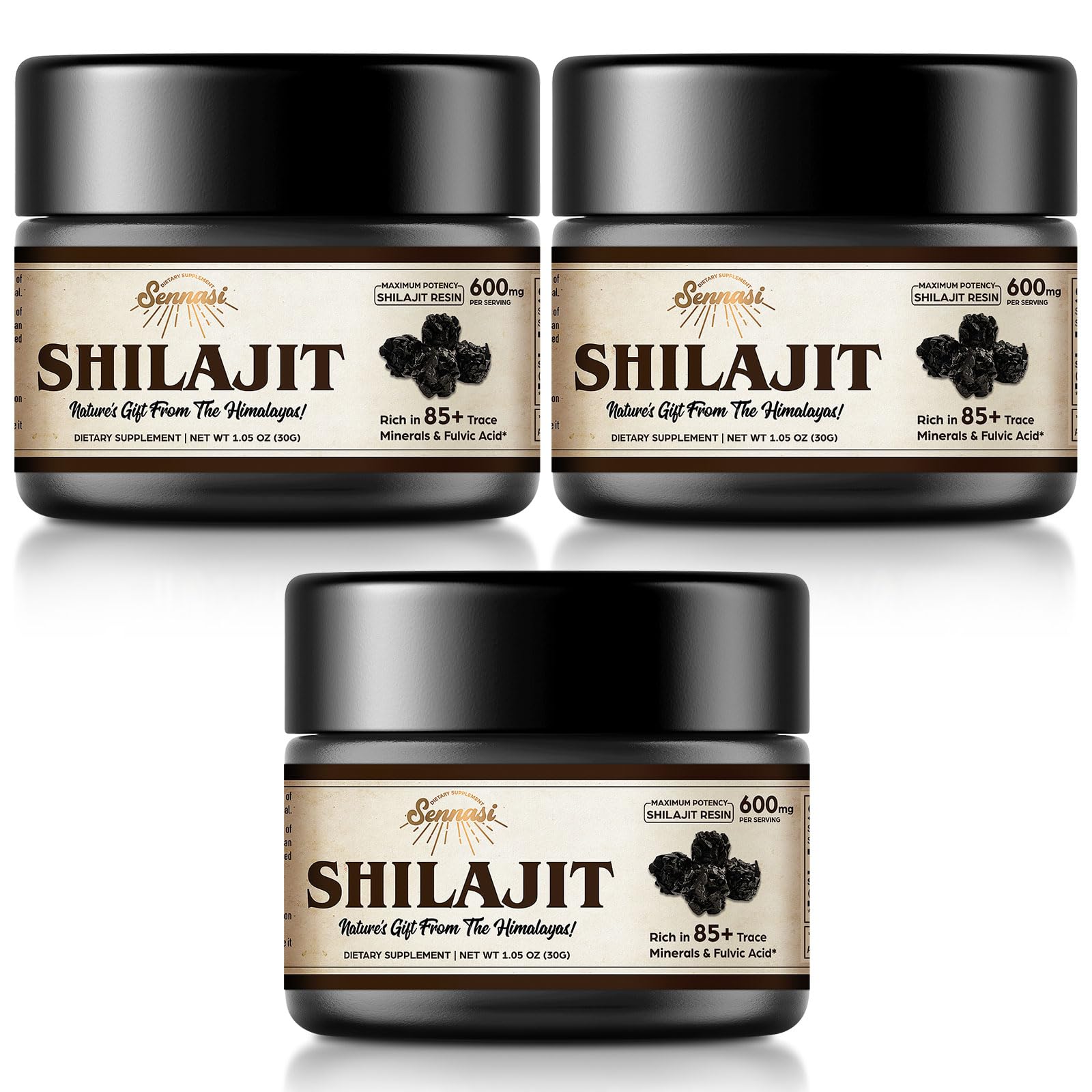 Sennasi Shilajit Resin bottle closeup showing a pure mineral-rich extract for daily use