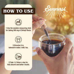 Sennasi Shilajit resin labeling and measurement sticks included for dosing ease.