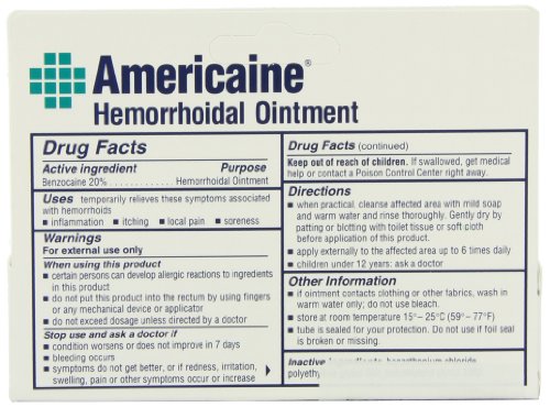 Senokot Americaine Hemorrhoidal Ointment box close-up highlighting 20% benzocaine.
