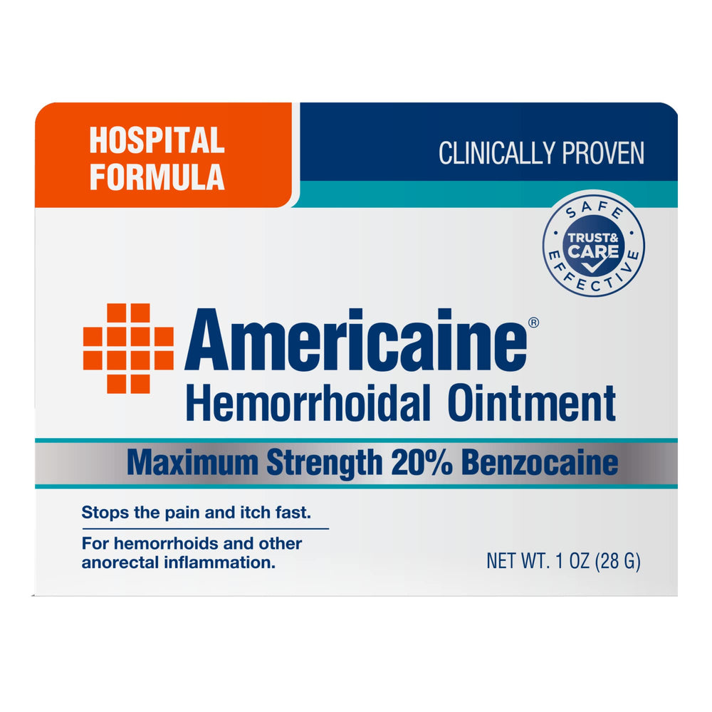 Senokot Americaine Hemorrhoidal Ointment packaging on bathroom counter for daily care.