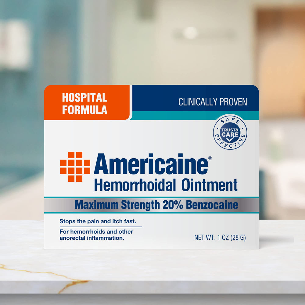 Senokot Americaine Hemorrhoidal Ointment ingredients label featuring benzocaine component.