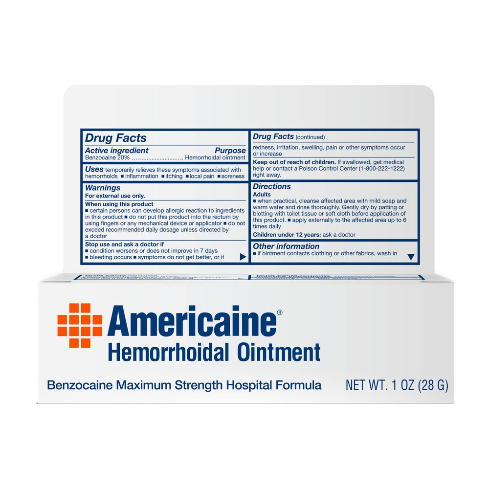 Senokot Americaine Hemorrhoidal Ointment box insert visible beside the tube for guidance.