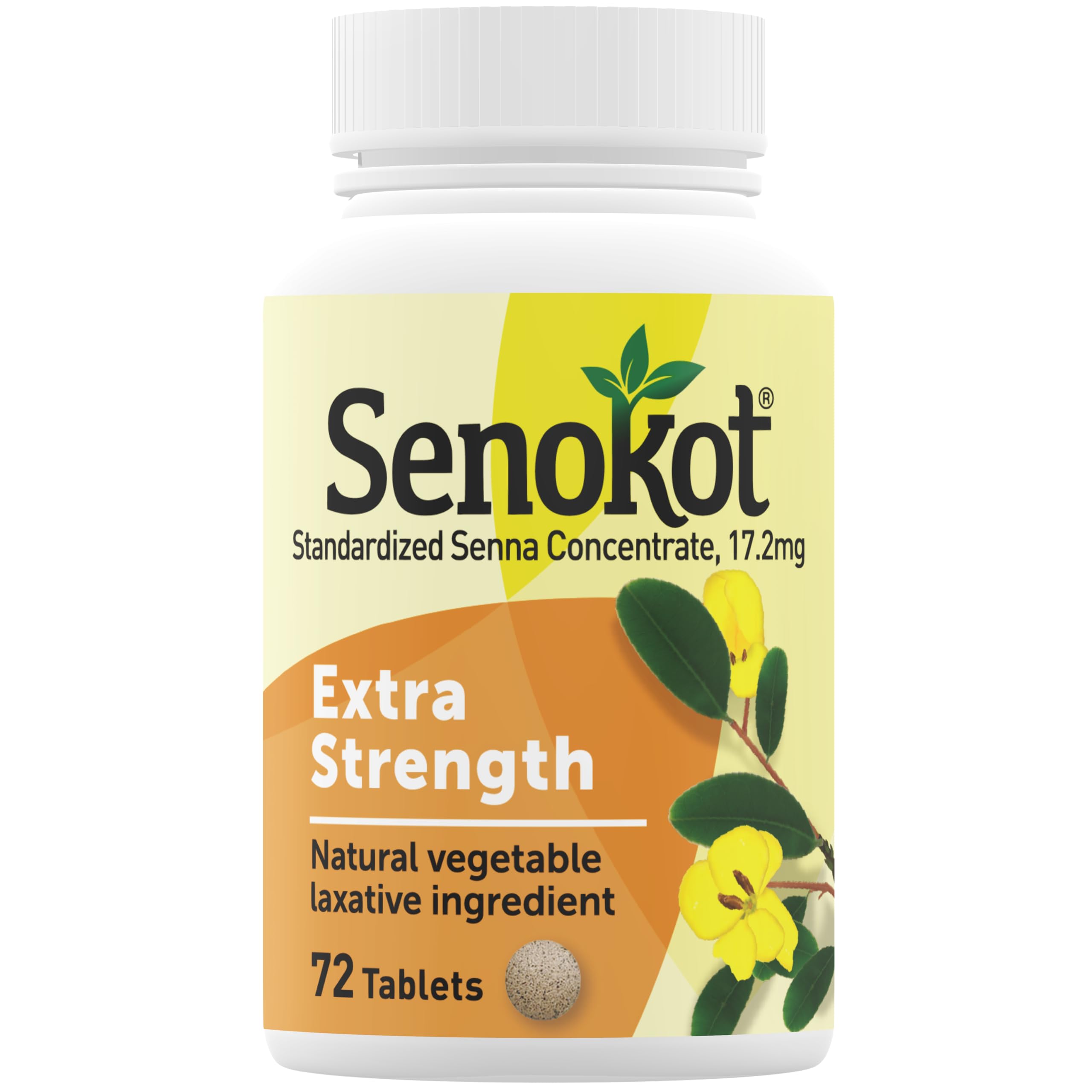 Senokot Extra Strength bottle label highlighting natural laxative for overnight relief.