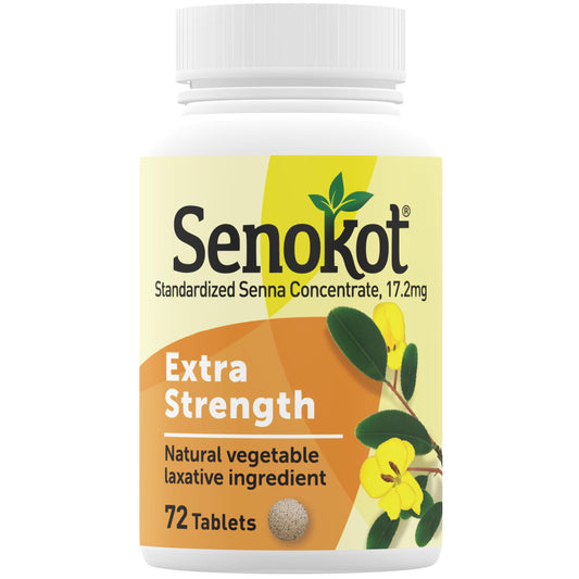 Senokot Extra Strength bottle label highlighting natural laxative for overnight relief.