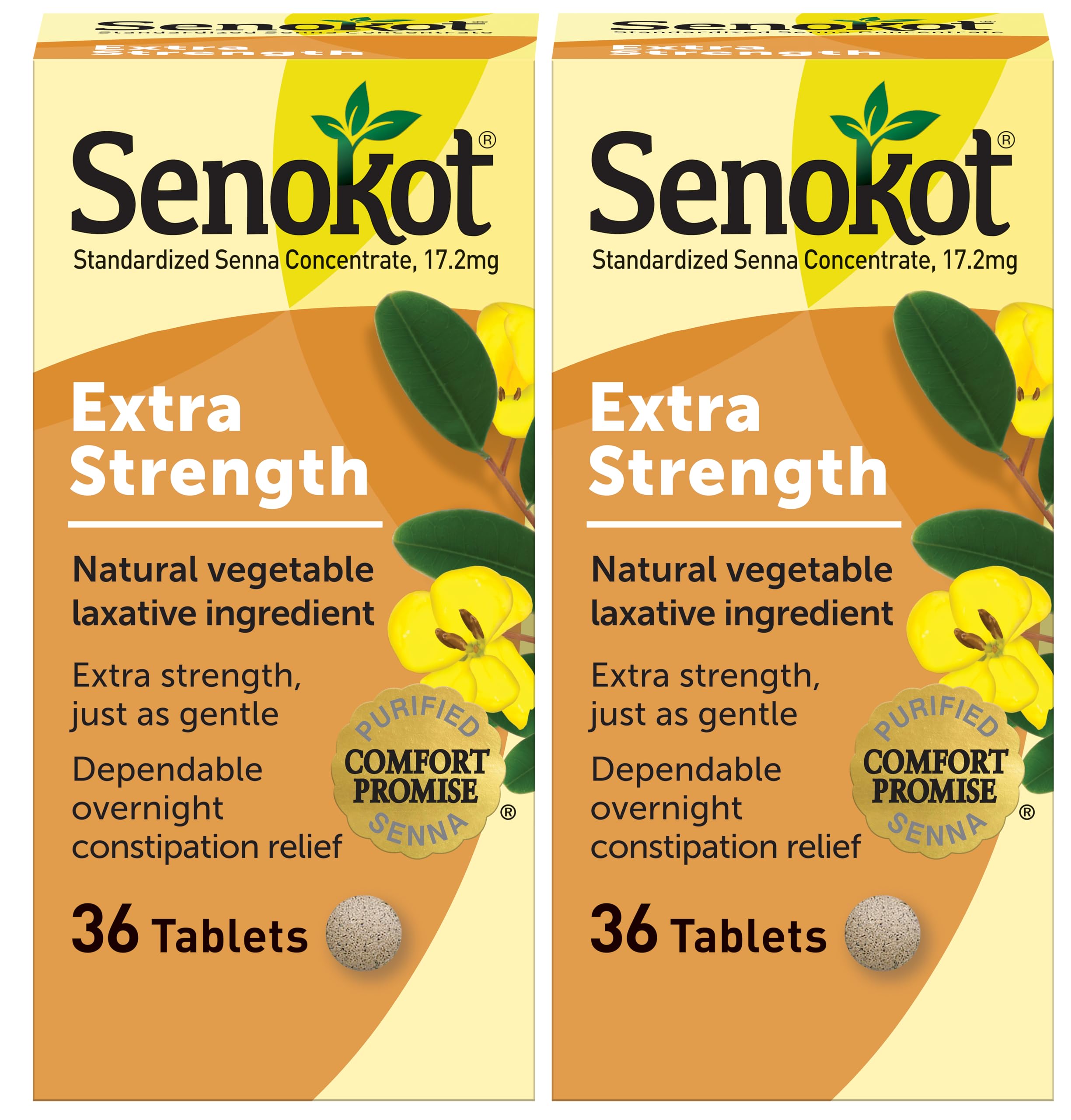 Senokot Extra Strength tablets in bottle front for gentle overnight relief.