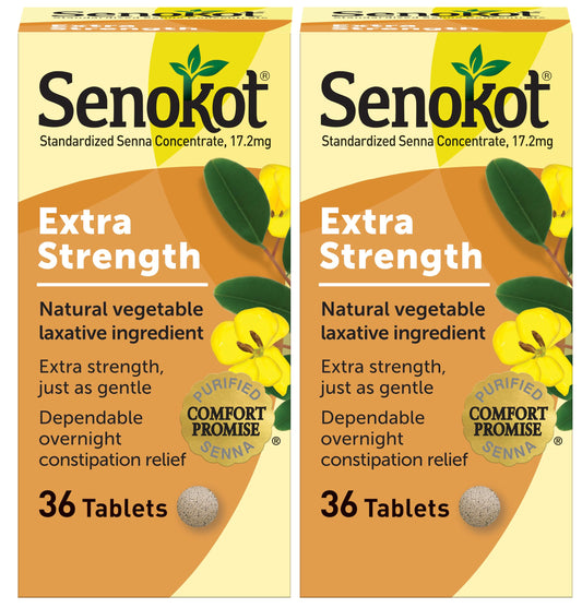 Senokot Extra Strength tablets in bottle front for gentle overnight relief.