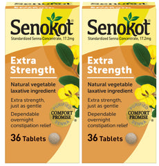 Senokot Extra Strength tablets in bottle front for gentle overnight relief.