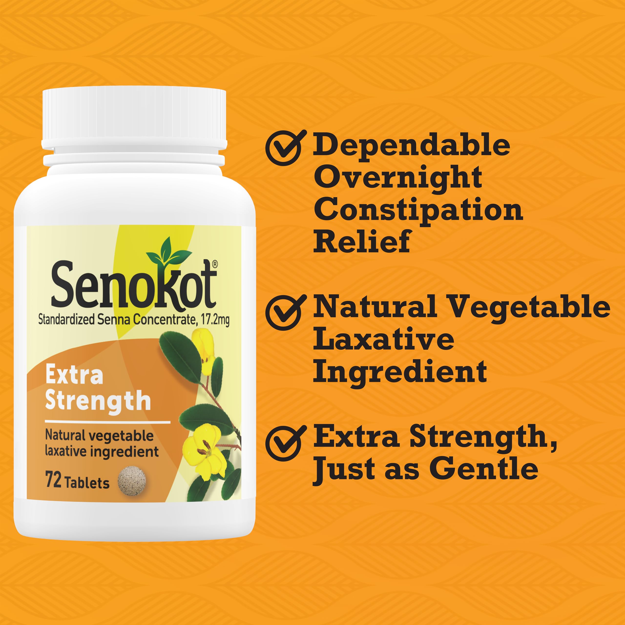 Senokot Extra Strength tablets close-up showing compact bedtime relief.
