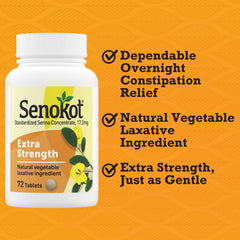 Senokot Extra Strength tablets close-up showing compact bedtime relief.
