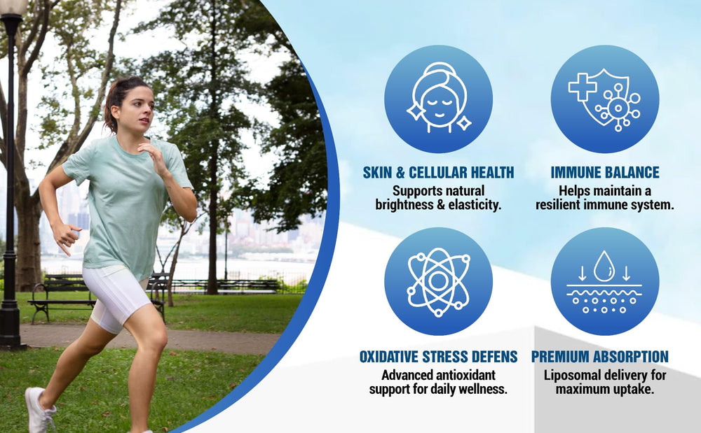 senseofeeling liposomal L-Glutathione bottle label emphasizes GMP quality and non-GMO packaging
