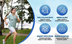 senseofeeling liposomal L-Glutathione bottle label emphasizes GMP quality and non-GMO packaging