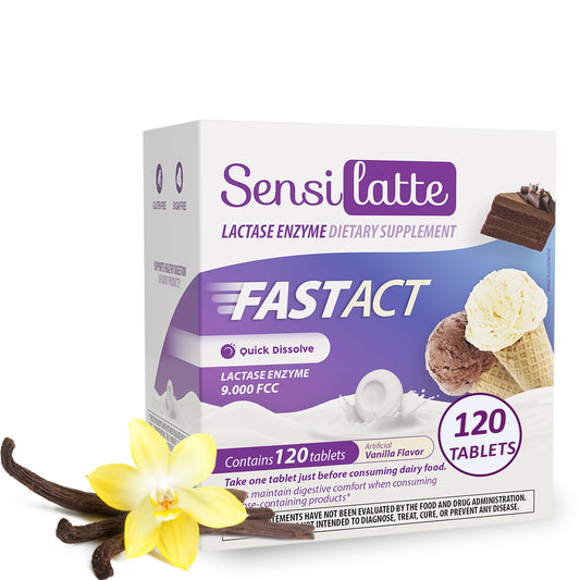 Sensilatte Lactase Enzyme 9000 FCC vanilla bottle supports dairy digestion.
